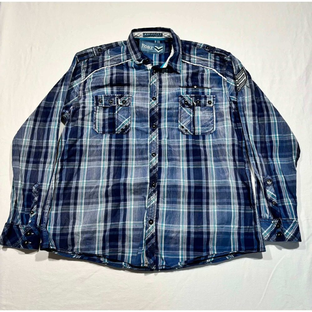 Roar Aviation Edition Mens Blue Plaid Military Style Button Down Shirt XL